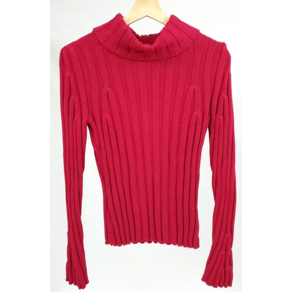 Lucia Burns Turtleneck Sweater Women's Sm  Pink/Red Ribbed Cotton Flare Sleeve